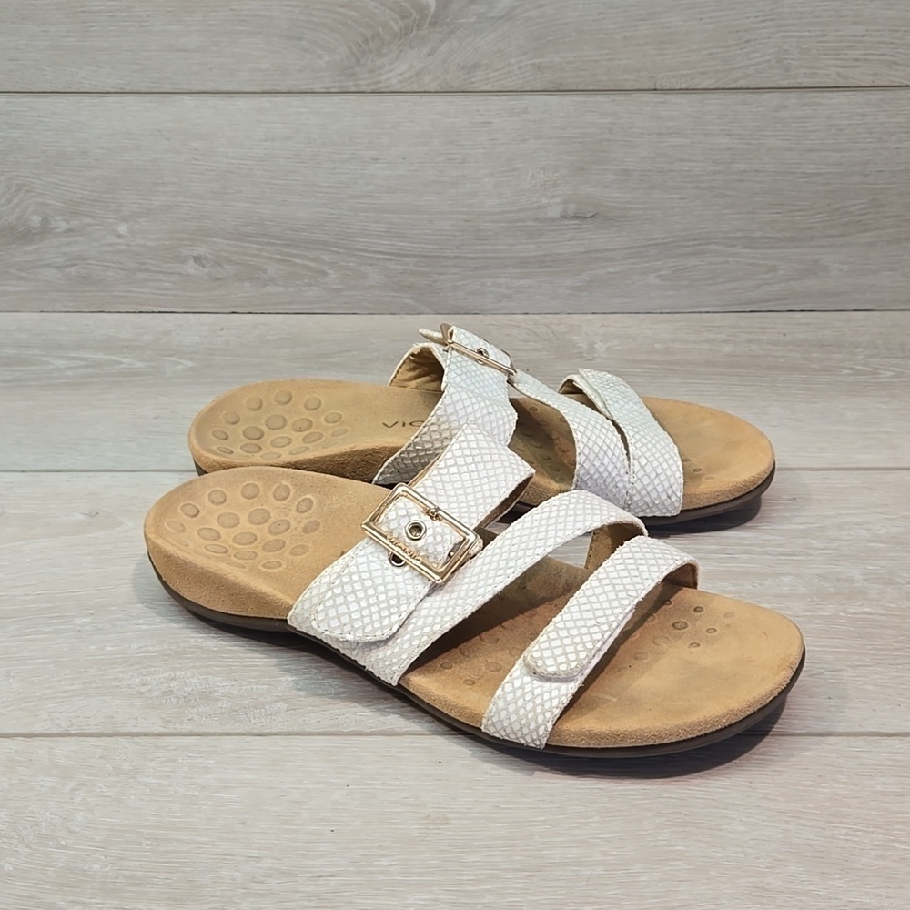 Vionic White Textured Leather Slide Sandals with Gold Buckles